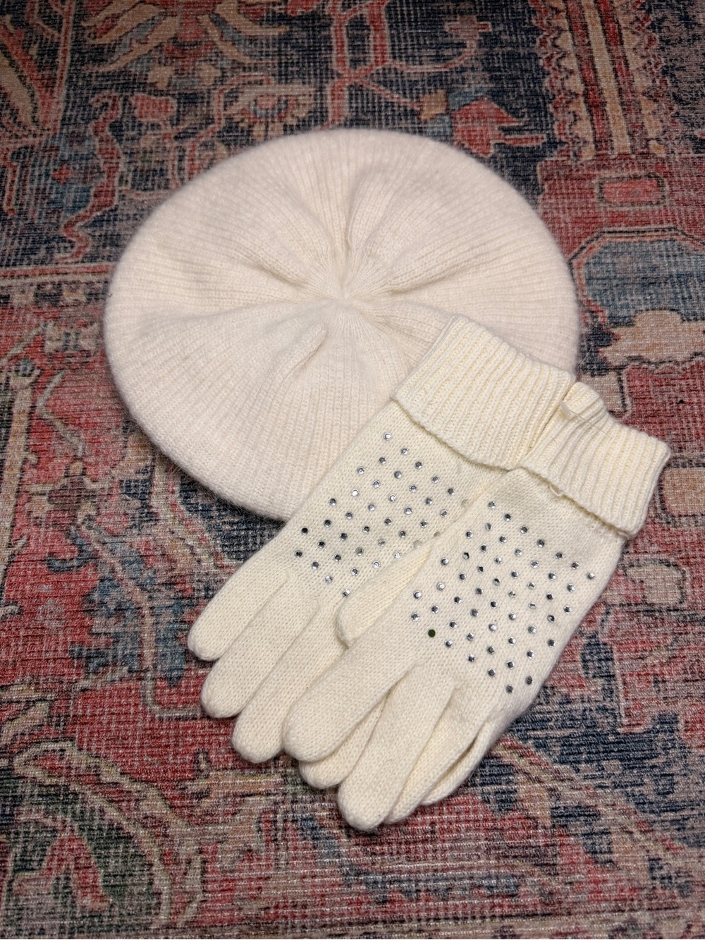 Preston & York Wool + Rabbit Hair Beret & Rhinestone Glove Set